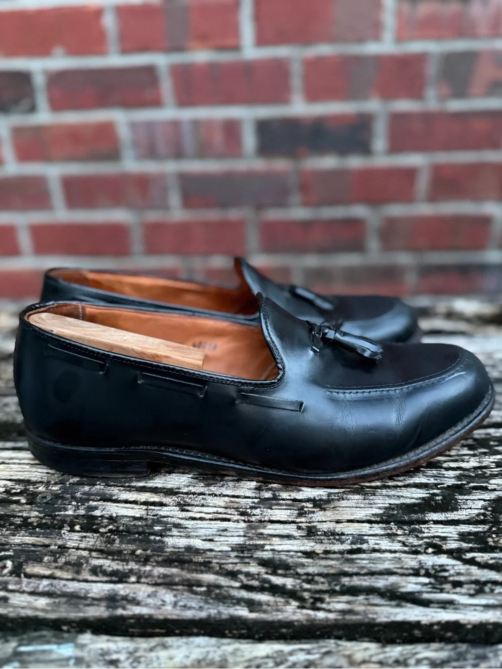 Lands' End Sz 10.5W Black Leather Tassel Slip-On Dress Loafers Made in USA X1